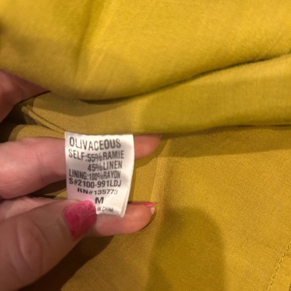 Olivaceous Sage Green linen blend Wrap mini dress elegant puff sleeves V neck - Picture 4 of 4